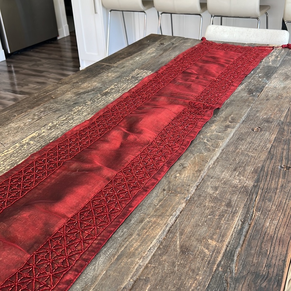 ADV Beaded table runner in deep red - EUC -